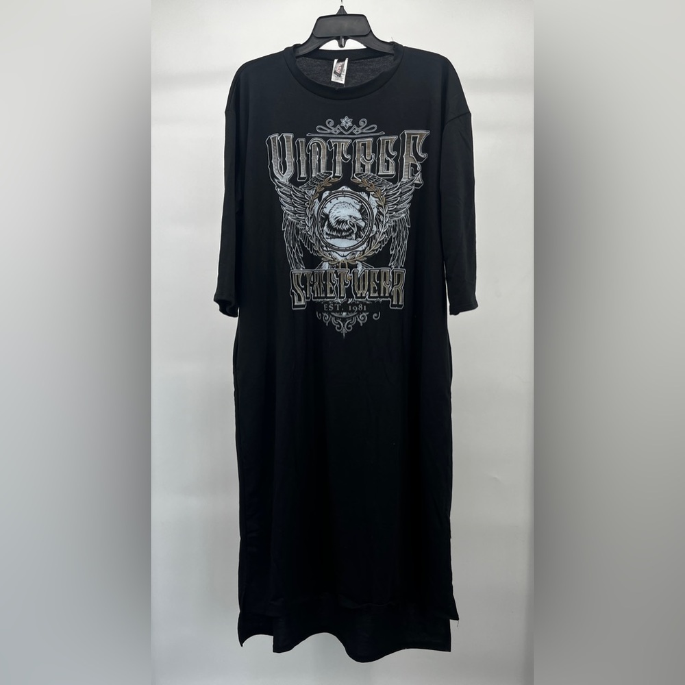 🔥 Women’s Black Graphic Midi Shirt Dress Vintage Eagle Print 3/4 Sleeve Pockets